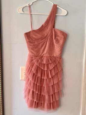 Dusty Pink One Shoulder Ruffle Dress Tulle Tiered Party Mini Fairycore Romantic